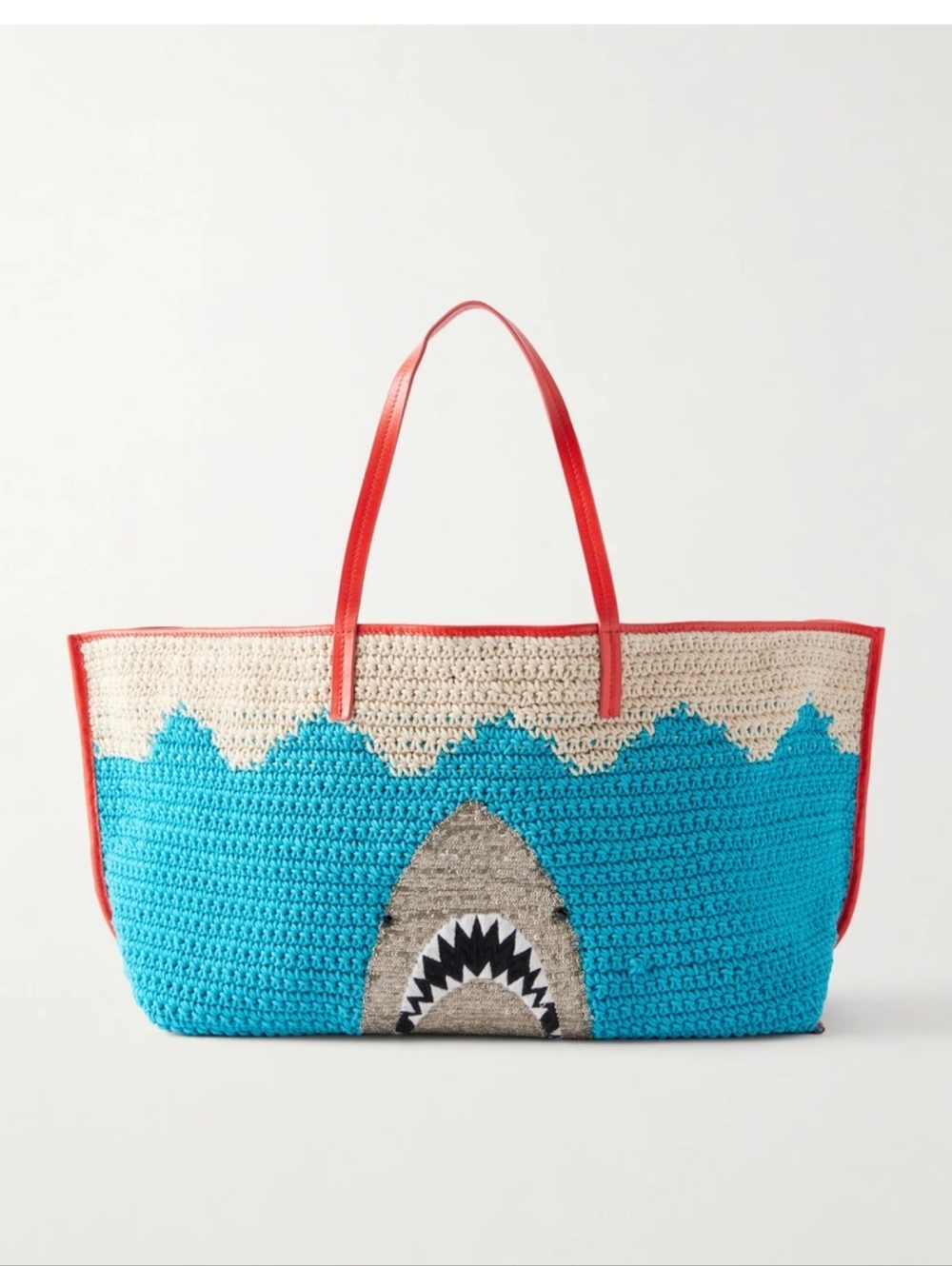 STAUD X large Bag Crochet Leather Shark Embroidered Tote Turquoise Cream Purse - Picture 5 of 12